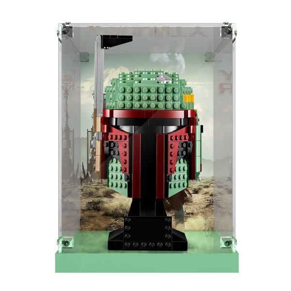 Acrylic Display Case for ( Lego Star-Wars Boba Fett Helmet 75277 Head ) Building Block Model, Customized Decorative Clear Box, Clear Acrylic Plate with Base & Painted Background-7.5*7.5*10.3 inches