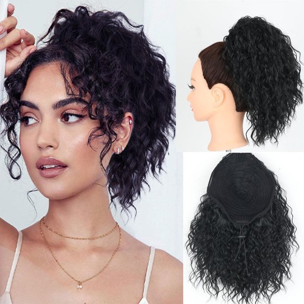 SCENTW Messy Bun Hair Piece 8inch Loose Curls Bun Hair Extensions Yaki Texture Short Curly Drawstring Ponytail Extensions Synthetic Hair Bun Hairpiece for Women