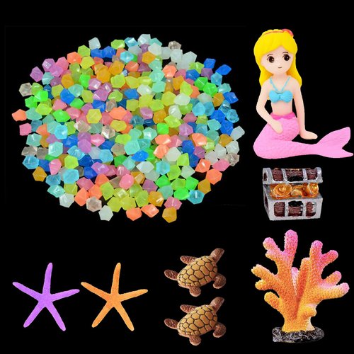 Muzero Fish Tank Aquarium Decoration Set, Mini 100pcs Glowing Pebbles Liminous Rocks, Teatle Mermaid Starfish Coral Treasure Chest Ornaments for Micro Landscape Waterscape Fish Tank Aquarium Decor