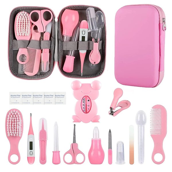 Baby Grooming Kit, Infant Safety Care Set with Hair Brush Comb Nail Clipper Nasal Aspirator,Baby Essentials Kit for Newborn Girls Boys (Pink Baby Grooming kit)