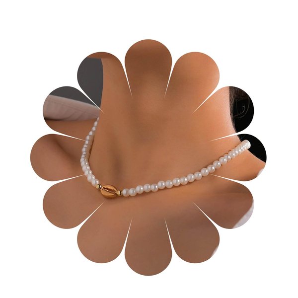 YienDoo Boho Shell Pearl Necklace Choker Gold Dainty Pearl Strands Choker Necklaces Statement Seashell Surfer Necklaces Minimalist Baroque Pearl Necklace Chain Jewelry for Women