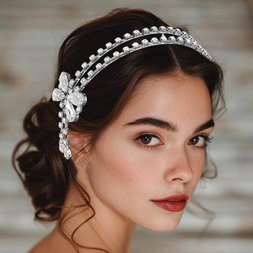 Yovic Rhinestone Bow Headbands Double Crystal Hairbands Silver Wedding Headpiece Women Bowknot Hair Accessories for Party Costume (Silver)
