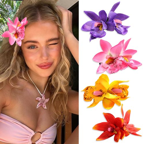 VENOFEN 4 Colors Plumeria Flower Hair Clips Hawaiian Hair Flowers Artificial Hibiscus Clips Summer Beach Hair Decoration Bohemian Flower for Seaside Vocation Hair Accessories for Women and Girls