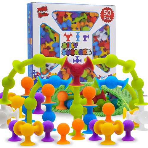 ACME CO 50 Pcs Baby Suction Toys - Fun Baby Bath Toys, Squigz, Bath Toys for Toddlers, Educational Toddler Sensory Toys, Interactive Play of Building Toys, Montessori Toys Stocking Stuffers for Kids