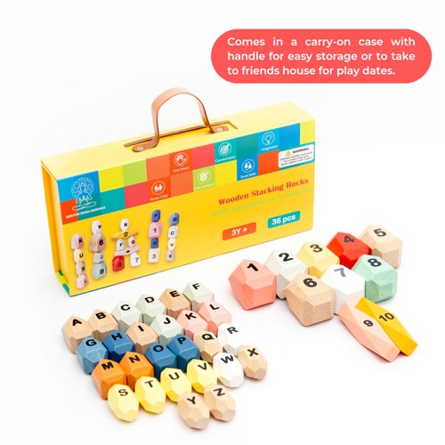 36 PCS Wooden Sorting Stacking Rocks Stones,Sensory Toddler Toys Montessori Toys, Building Blocks Game for Kids 3 4 5 6 7 Years Boy and Girl Birthday Gifts for Kids with Alphabets and Numbers