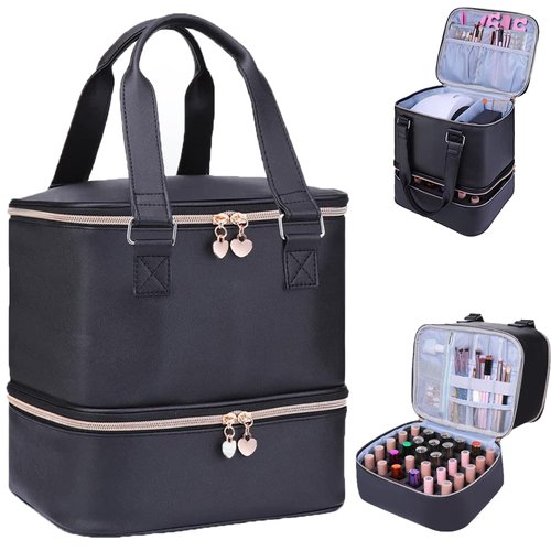FCQQYWZ Nail Polish Organizer Case Hold 30+ Bottles (15ml/0.5 fl.oz) and a Nail Lamp, Double-Layer Nail Case Bag Nail Polish Organizer Bag, Nail Supply Organizers and Storage for Nail Tech (BLACK)