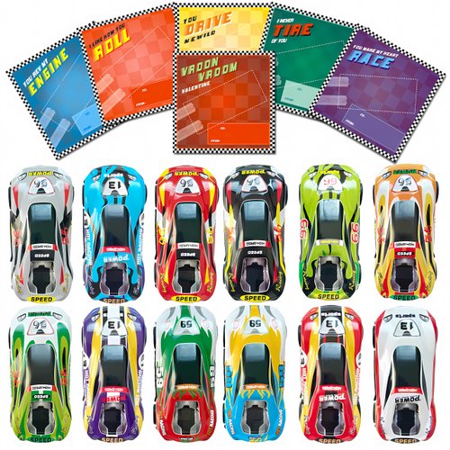 DASDSA Valentines Cards for Kids Classroom, 24 Die-Cast Racing Cars with Valentine's School Exchange Greeting Cards, Vehicle Party Favor Toy Supplies