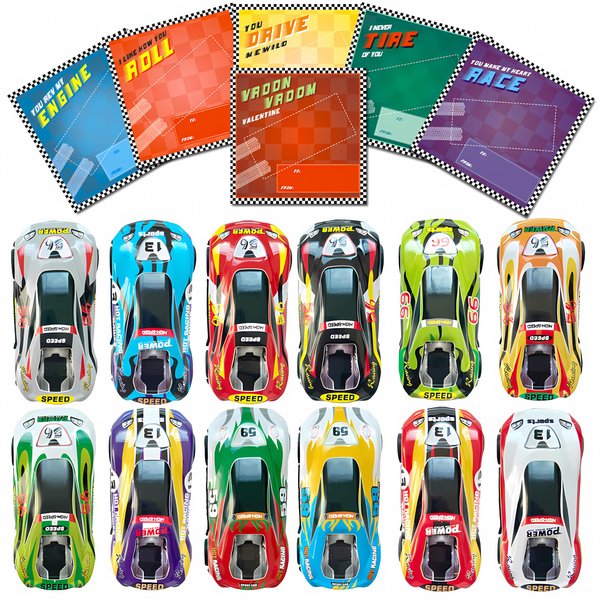 DASDSA Valentines Cards for Kids Classroom, 24 Die-Cast Racing Cars with Valentine's School Exchange Greeting Cards, Vehicle Party Favor Toy Supplies