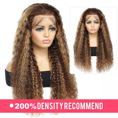 Labamiya Highlight Jerry Curly Human Hair Wig 4x4 T Closure Glueless Wigs Human Hair Pre Plucked Pre Cut Lace Closure Glueless Wigs Elastic Band 200% Density P4/30 Honey Blonde Color