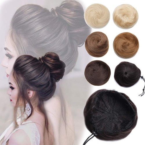 Messy Bun Hair Piece Human Hair Scrunchie Drawstring Hair Updo Clip in Bun Straight Wavy Chignons Puff Ponytail Hairpieces for Women Wedding Party Dark Black Straight #1