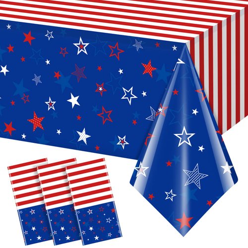 3Pcs Patriotic Tablecloths for 4th of July Decorations,Red White Blue Star Plastic Disposable Table Cover for Fourth of July Memorial Patriotic Day Independence Veterans Day Party Supplies,54x108 Inch