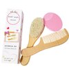 Molylove 3PCS Baby Hair Brush with Wooden Handle and Comb Set for Newborns & Toddlers | Natural Soft Goat Bristles l Wood comb l Pink Silicone Brush| Ideal for Cradle Cap
