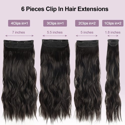 Fashion Line Clip in Hair Extensions for Women 6PCS Thick Full Head Natural Black Wavy Clip in Extensions Synthetic Long Double Weft Hair Hairpieces 20 inch (220Gram,Black Brown)
