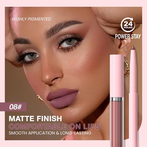 evpct Retractable 1Pcs Lip Liner Pencils and 1 Pcs Lip Gloss Makeup Set for Shaping & Sculpting Lips, Rose Red Long-Lasting Waterproof Matte Rich Lip Colors Liner Crayon Liquid Lipstick 08#