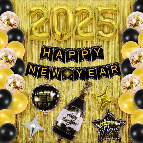 Kusamue Happy New Years Eve Party Decorations Kit, 2025 foil balloons happy new year banner 2 PCS Gold fringe curtains 37PCS 12 Inch Latex Balloons for New Year Party Eve Carnival Greet New Year Kit