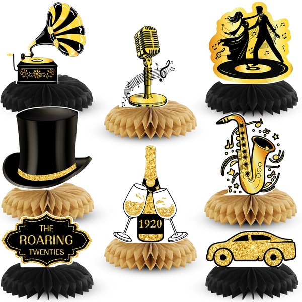 Weekgrat 8 Pcs Jumbo Roaring 1920's Party Decorations Honeycomb Centerpiece Black and Gold Birthday Music Party Table for 1920s Birthday Speakeasy Retro Flapper Wedding Party Supplies