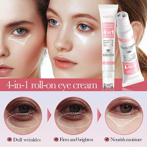 Eye Cream with 10% Hyaluronic Acid, 5% Nicotinamide, 30% Retinol, 10% Vitamin C for Puffy Eye Bags Fine Lines Dark Circles Wrinkles, Under Eye Cream with 360° Eye Roller Massage Ball, 0.7 fl. oz