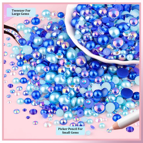 80g Flatback Pearls and Rhinestones for Crafting, Dark Blue Mixed Size 3-10mm Resin Rhinestones and Half Pearls for Bedazzling, Nail Art and Decoration with Tweezer and Pickup Pencil