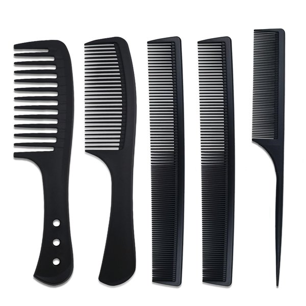 5 Piece Carbon Fiber Styling Hair Comb Set Detangling Black Professional Comb Set Wide Tooth Comb Fine Pro Tail Combs, Dresser Hair Comb Styling Comb for Men and Women Curly, Straight, or Long Hair