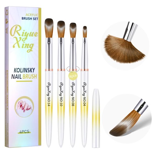 4PCS Acrylic Nail Brush Set, Size 4/8/10/14. Kolinsky Hair,Oval Crimped Pressed Shaped Acrylic Nail Brushes,Yellow Metal Handle Acrylic Powder Brush Set Professional Manicure For DIY Home Salon