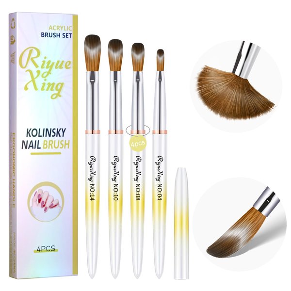 4PCS Acrylic Nail Brush Set, Size 4/8/10/14. Kolinsky Hair,Oval Crimped Pressed Shaped Acrylic Nail Brushes,Yellow Metal Handle Acrylic Powder Brush Set Professional Manicure For DIY Home Salon