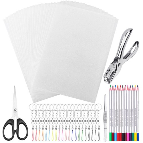 shynek Shrinky Plastic Sheets Keychain Kit, 125Pcs Shrinky Art Kit Including 20 Pcs Shrinky Paper Sheets, Hole Punch, Pencils, Keychains, Tweezers, Scissors for Crafts and Keychains