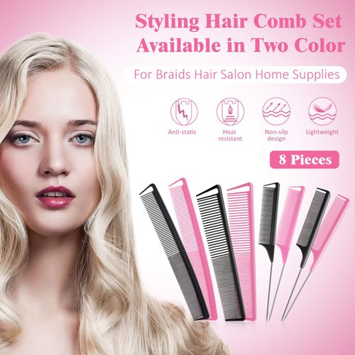 8 Pieces Rat Tail Combs for Women Fine Tooth Comb Parting Carbon Fiber Teasing Styling Combs and Cutting Comb Fiber Pintail Hairdressing Comb for Braids Salon Home Supplies, Black and Pink