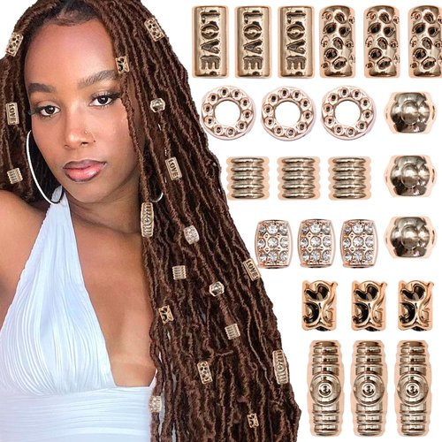 NAISKA 24Pcs Shiny Hair Jewelry for Braid Hair Tube Beads Loc Dreadlocks Accessories Crystal Rhinestones Hair Cuffs Hair Decoration Braid Jewelry for Women DIY Braid Clips