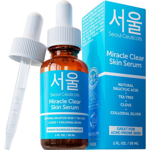 SeoulCeuticals Korean Acne Serum, Skin Care Treatment for Acne Prone Skin - Rapid Action Salicylic Acid, Tea Tree & Clove For Even Skin Tone 1oz