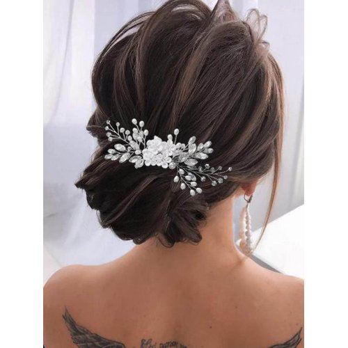 Unsutuo Bride Flower Hair Comb Silver Rhinestone Bridal Hair Piece Crystal Hair Pieces for Women and Girls