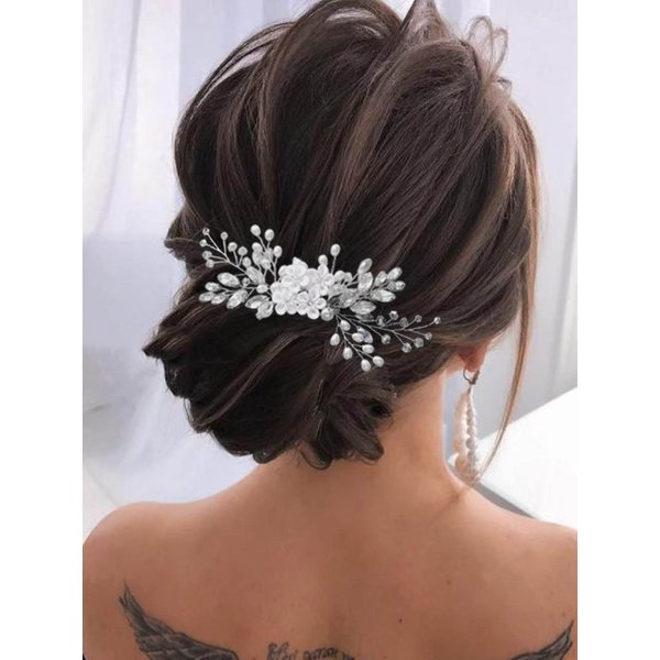 Unsutuo Bride Flower Hair Comb Silver Rhinestone Bridal Hair Piece Crystal Hair Pieces for Women and Girls
