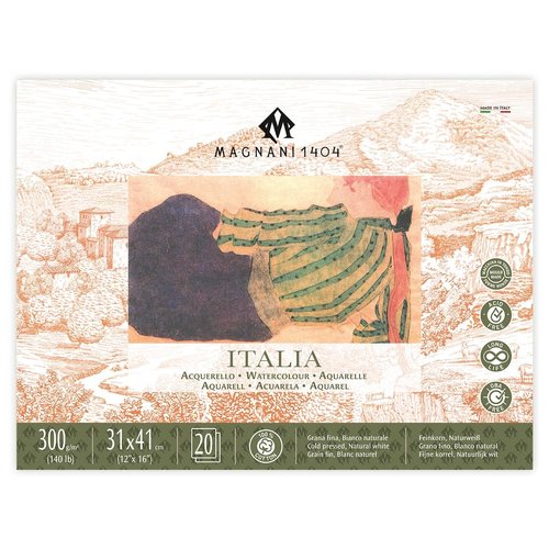 Magnani 1404 Italia Cold Press 100% Cotton Watercolor Paper Block, 20 Sheets, 12x16 inch, 140 lb, Acid-Free, UV Resistant, Vegan Sized Water Color Paper for Artists, Made in Italy