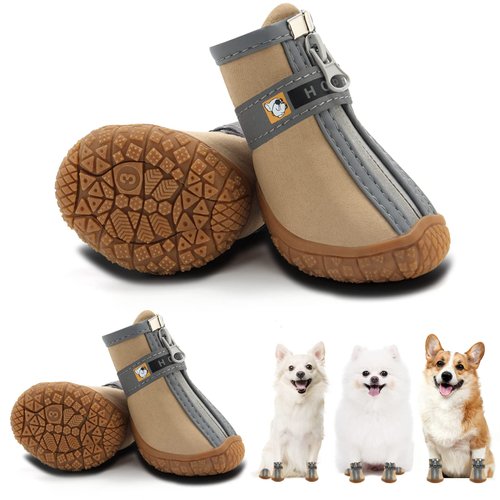 Hcpet Dog Shoes for Small Dogs, Waterproof Dog Boots & Paw Protectors for Hot Pavement Winter Snow Hiking, Anti-Slip Dog Booties for Hardwood Floor Khaki Size 3