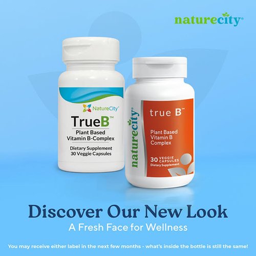 NatureCity True-B Plant-Based Super B Vitamin Complex Supplement |Made from Certified Oraganic Whole Food Plant Sources with Active Folate and Vitamin B12 - (30 Veggie Capsules)