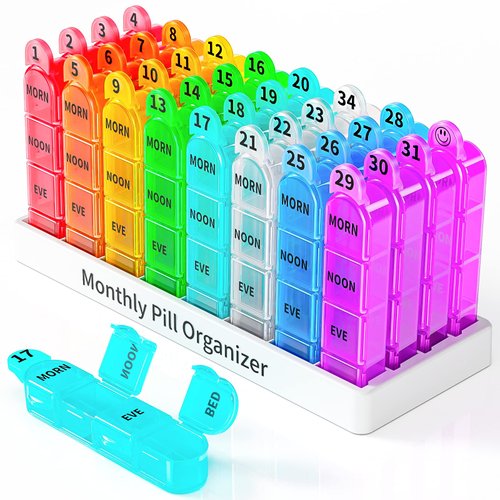 Monthly Pill Organizer 4 Times a Day,Odaro 30 Day Pill Organizer,Monthly Pill Box 4 Times a Day Organizer,Portable Pill Case Organizer,Medicine Organizer for Vitamins and Medication（Rainbow）