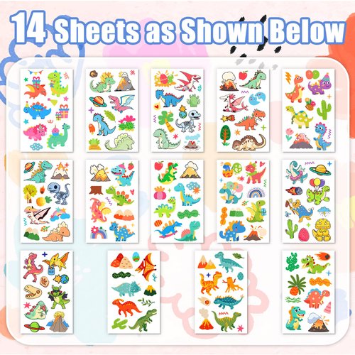 TatoYard Goodie Bags Stuffers for Kids, 14 Sheets Colorful Temporary Tattoos Stickers for Birthday Party Supplies, Party Toys Games for Boys Girls party favors Decorations (Dinosaur)