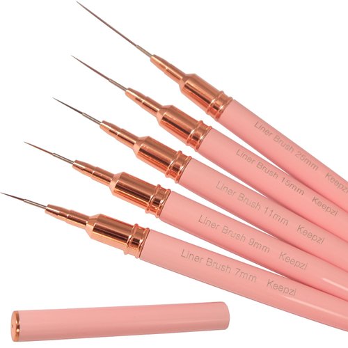 Keepzi Professional Detail Nail Art Paint Liner Brush Set, 5Pcs Small Polish Design Tech Nail Tip Fine Line Striping Brushes, 25/15/11/9/7Mm Skinny Long Bristle Nails Drawing Pincel Para Uñas, Pink