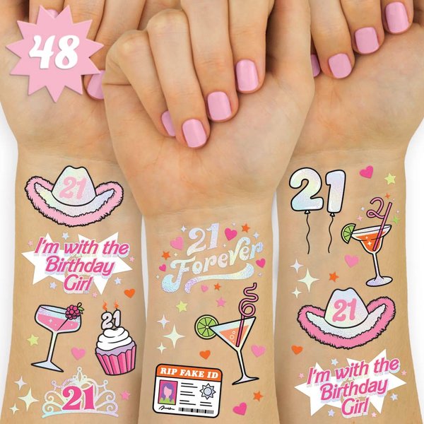 xo, Fetti 21st Birthday Party Decorations Temporary Tattoos - 48 pcs | Fun Bday Girl Party, Finally 21, RIP Fake ID, HBD, Disco Cowgirl Party, Twenty One Tiara