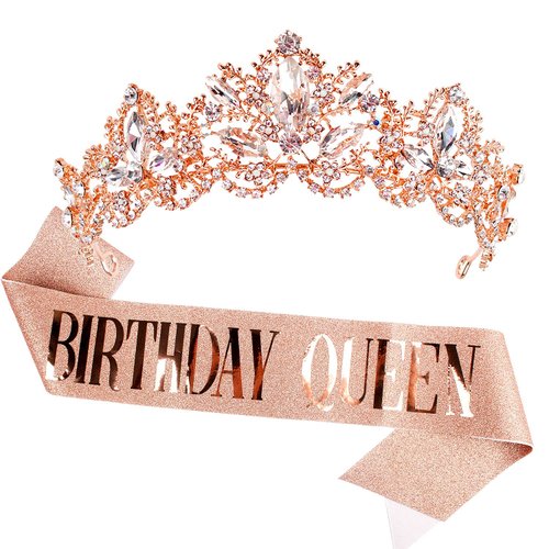 Birthday Crowns for Women, Aprince Birthday Tiaras for Women Crowns and Tiaras for Women Girls Birthday Crown and Birthday Queen Sash Rose Gold Crown Queen tiara for Wedding Prom Party Halloween