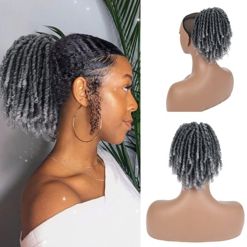 Grey Dreadlock Ponytail Extensions for Women Drawstring Ponytail Goddess Coil Dreadlock Drawstring Clip on Ponytails Hair Extensions Fake Ponytail Hairpieces for Black Women