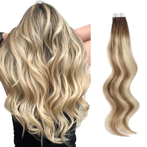 ABH AmazingBeauty Hair Remy Tape in Hair Extensions Ash Brown-Beach Blonde with Dark Brown Root R3-8-613 Semi-permanent Pre-taped Double Sided Rooted Highlight Tape ins 14 Inch