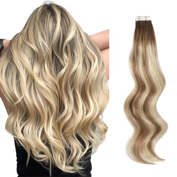 ABH AmazingBeauty Hair Remy Tape in Hair Extensions Ash Brown-Beach Blonde with Dark Brown Root R3-8-613 Semi-permanent Pre-taped Double Sided Rooted Highlight Tape ins 14 Inch