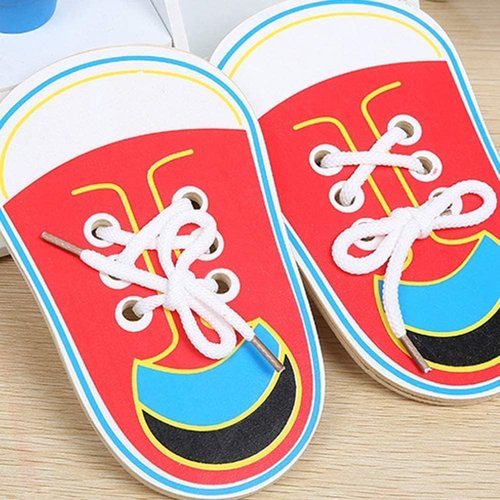 Threading Lacing Shoes Training Early Learning Kits- Shoes Learning Toy Kits Learn to Tie Your Own for Kids Practical Learning Toys -Kids Toddler Early Learning Toy Wooden Threading Lacing Shoes