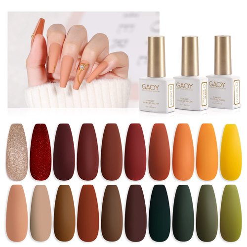 GAOY 23 Pcs Fall Gel Nail Polish Kit, Brown Colors UV Gel Nail Polish Set with Glossy & Matte Top Coat and Base Coat for Nail Art Home DIY Gel Nail Kit