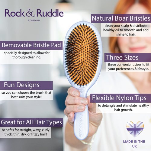 Rock & Ruddle Natural Mixed Boar Bristle Hair Brush for Women and Kids (Small/Travel Size, 17.5cm) - Perfect for Wet or Dry Hair, Detangling Smoothing Blowdrying - Made in UK - Black & White Stripes