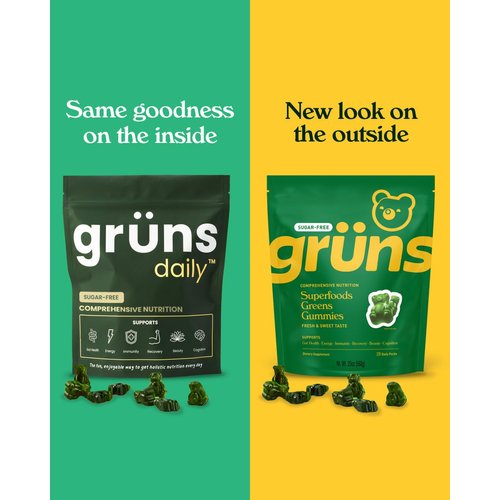 Gruns Adult Sugar-Free Super Greens Gummies, Superfood Gummy Bears with Spirulina, Chlorella, Fiber & Prebiotics for Digestive Health, Adaptogens Supplement with 20 Vitamins & Minerals - 28 Day Supply