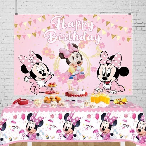 Pink Cartoon Mouse Backdrop and Tablecloth for Girls Birthday Party Decorations Baby Shower Mouse Birthday Party Photography Background Banner with Table Cover for Girls Party Supplies (5x3ft)