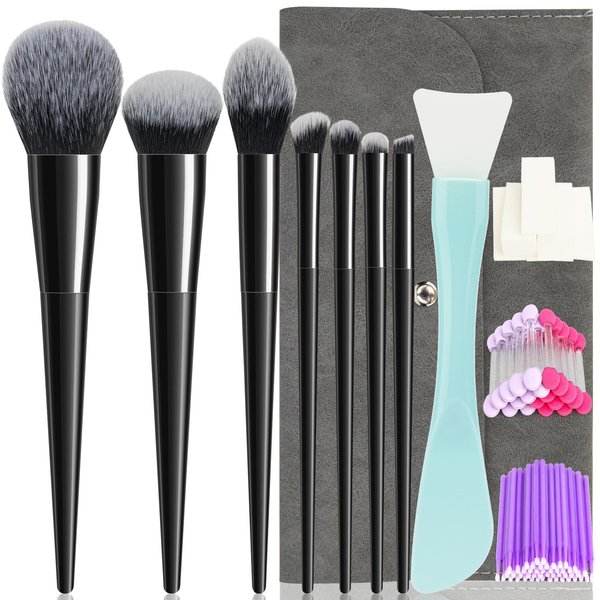 Makeup Brushes, 7Pcs Premium Synthetic Make up Brush Set, Eye Shadow Foundation Powder Blush Silicone Mask Brush Kit, Blending Sponge, Makeup Bag, Professional Beauty Tools.(Black)