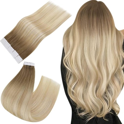 20Inch Blonde Tape in Hair Extensions Human Hair Balayage Medium Brown Ombre Caramel Blonde Mixed Platinum Blonde Human Hair Extensions Tape ins Straight Pu Tape in Hair Extensions Easyouth 50g 20Pcs