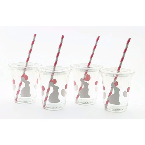 Bunny Party Cups - 12 Set Plastic Lids Straws Somebunny is One First Birthday